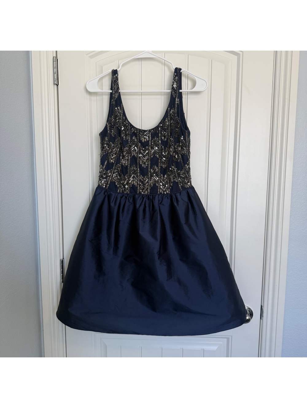 Adrianna Papell Navy Blue Mini Dress with Sequin Embellished Bodice size 6